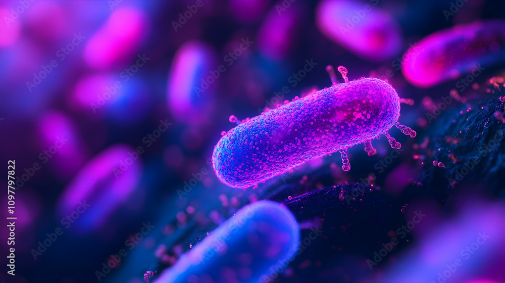 A glowing bacterium depicted in bright pink and purple hues, surrounded by a dark, blurry microscopic environment. The image emphasizes its structure and vibrant presence.
A glowing bacterium depicted in bright pink and purple hues, surrounded by a dark, blurry microscopic environment. The image emphasizes its structure and vibrant presence.