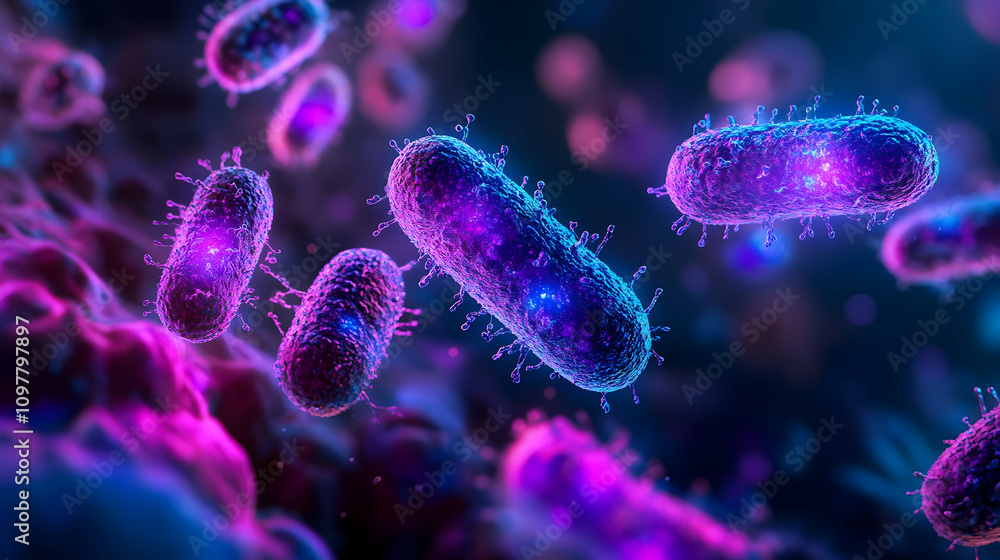 Obraz premium A vibrant visualization of purple and pink bacteria with glowing structures, showcasing the intricate details of microbial organisms in a dynamic microscopic environment.
