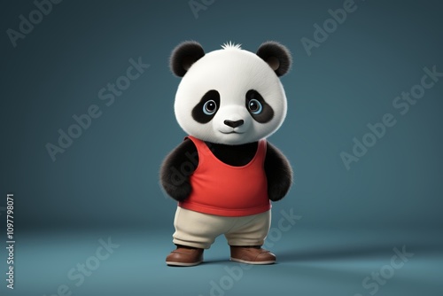 a close up of a panda bear wearing a red shirt photo