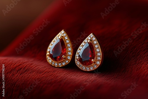 Gold Earrings with Pear-Shaped Red and Clear Gemstones