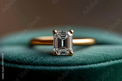 Gold Ring with Emerald-Cut Diamond on Teal Velvet