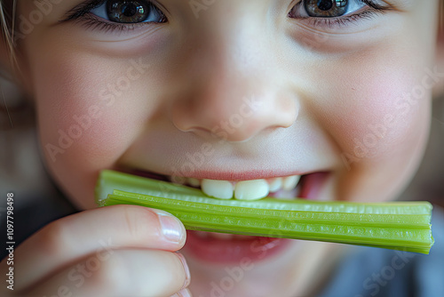 Child munching on celery sticks with a big smile photo