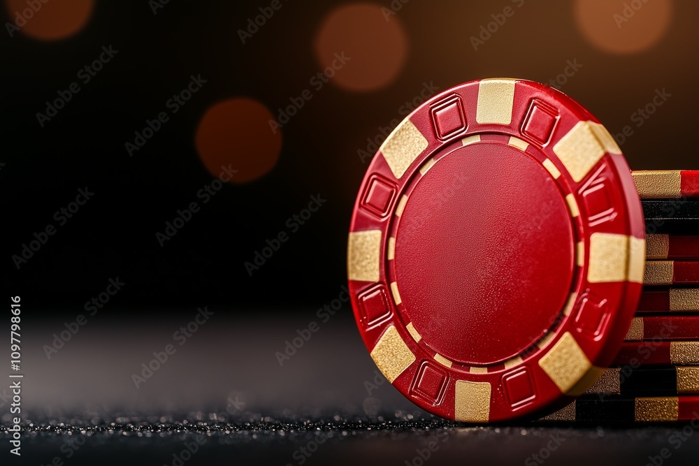 Red and Gold Casino Poker Chips on Dark Surface Red and Gold Casino Poker Chips on Dark Surface