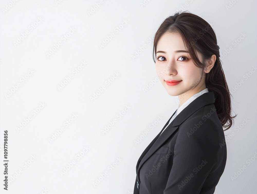 confident Japanese businesswoman in black suit stands against white background, exuding professionalism and poise confident Japanese businesswoman in black suit stands against white background, exuding professionalism and poise
