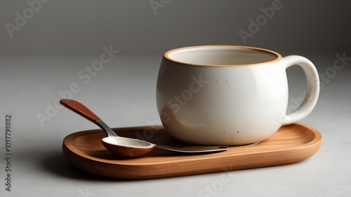 "Ceramic mug with wooden saucer and metal spoon, on white background."