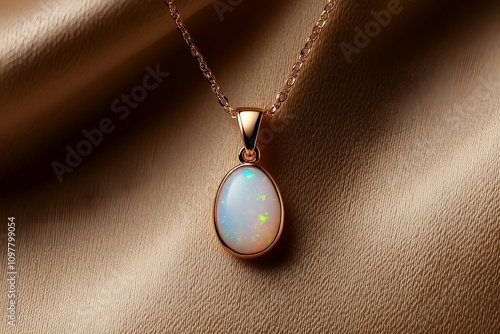 Rose Gold Opal Pendant Necklace on Beige Fabric