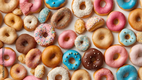 "Bakery paper with donuts in various colors, on a white background."