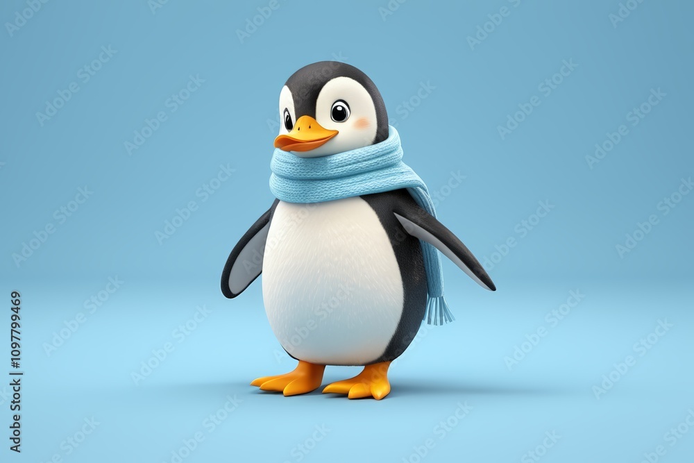 Fototapeta premium arafed penguin wearing a scarf and standing on a blue surface