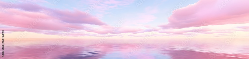 A serene landscape featuring soft pink clouds reflecting on calm water at sunset. A serene landscape featuring soft pink clouds reflecting on calm water at sunset.