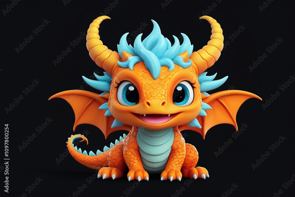there is a small orange dragon with blue eyes and a big horn there is a small orange dragon with blue eyes and a big horn