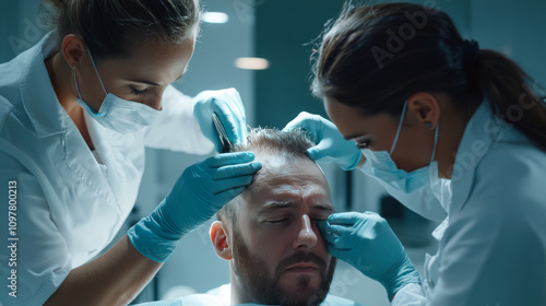 Two hair specialists are carefully taking hair from a man's head to use for a hair transplant. This is part of a hair transplant procedure using the FUE Sapphire method.