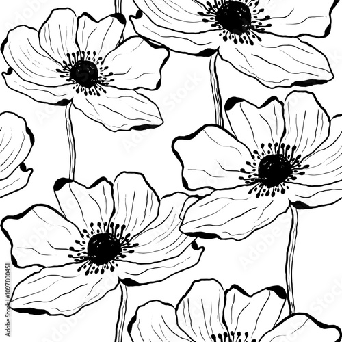 Abstract Hand Drawing Anemone Poppy Flowers Sketch Seamless Vector Textile Upholstery Pattern Isolated Background