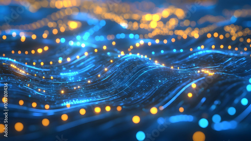 A vibrant blue glowing wave-like pattern with scattered golden sparks, symbolizing electrical signals and energy flow.