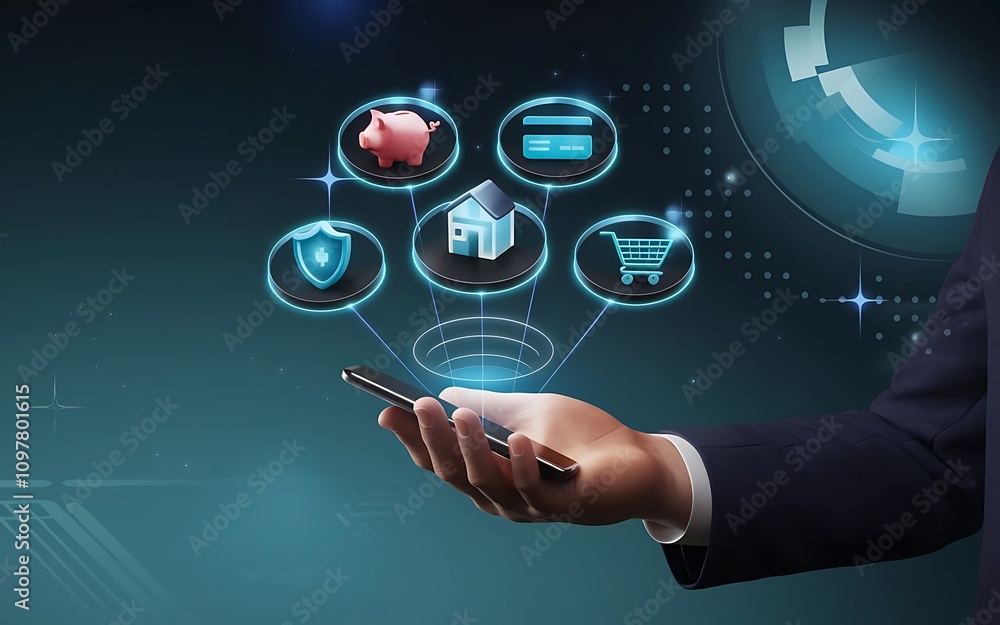 Mobile Banking and Financial Security: A hand holds a smartphone displaying digital icons representing key aspects of modern banking: home, savings, shopping, and security. Mobile Banking and Financial Security: A hand holds a smartphone displaying digital icons representing key aspects of modern banking: home, savings, shopping, and security.