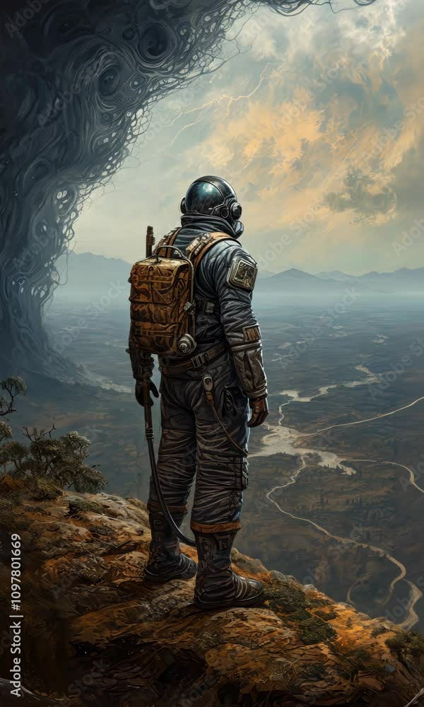 Astronaut standing on the planet and looking up at the universe back view