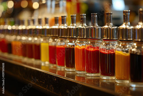 Condiments lined up neatly on a diner counter photo