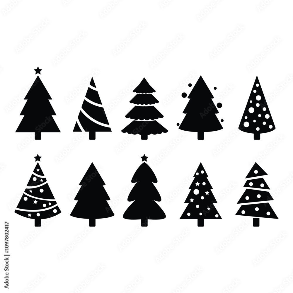 Fototapeta premium Christmas tree set icon silhouette vector art illustration.
