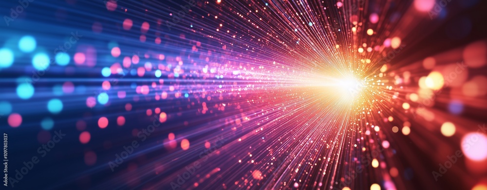 An abstract representation of digital data flow shown as light beams spreading in all directions, illuminated by glowing lights and shadows on modern background An abstract representation of digital data flow shown as light beams spreading in all directions, illuminated by glowing lights and shadows on modern background