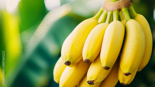 Fresh yellow bananas hanging from tropical banana tree, showcasing natural growth photo