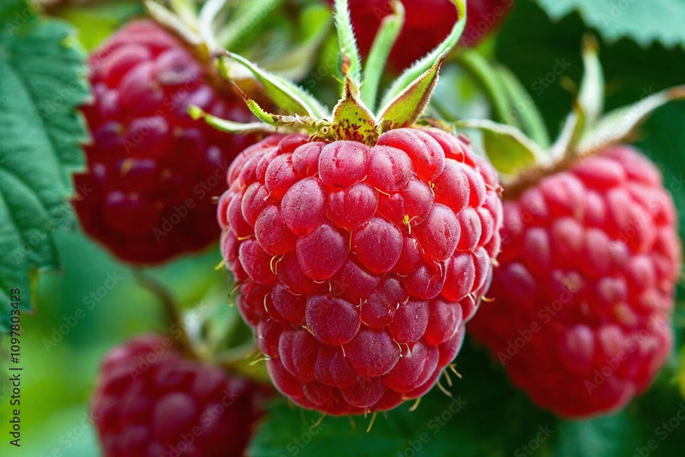 raspberries hanging from branches in the sunlight raspberries hanging from branches in the sunlight