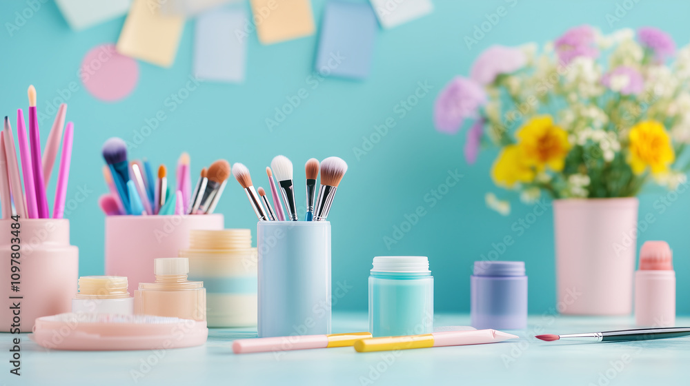 creative workspace with makeup tools, skincare products, and art supplies creative workspace with makeup tools, skincare products, and art supplies