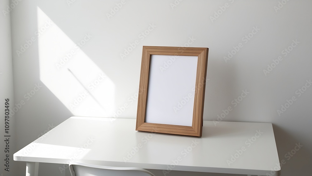 A simple wooden picture frame rests on a clean white desk, with bright natural daylight highlighting its minimalist design against a plain white wall. A simple wooden picture frame rests on a clean white desk, with bright natural daylight highlighting its minimalist design against a plain white wall.