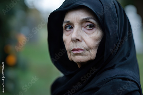 Portrait of a person in black attire with a thoughtful expression at a gravesite photo