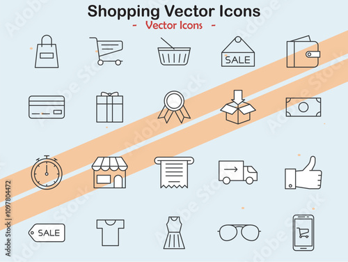 Vector icons depicting shopping activities and items