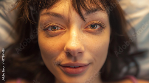 Smiling woman in bed with dilated pupils, influenced by drug. photo