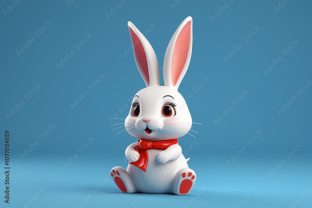 arafly looking white rabbit with red bow sitting on blue surface arafly looking white rabbit with red bow sitting on blue surface