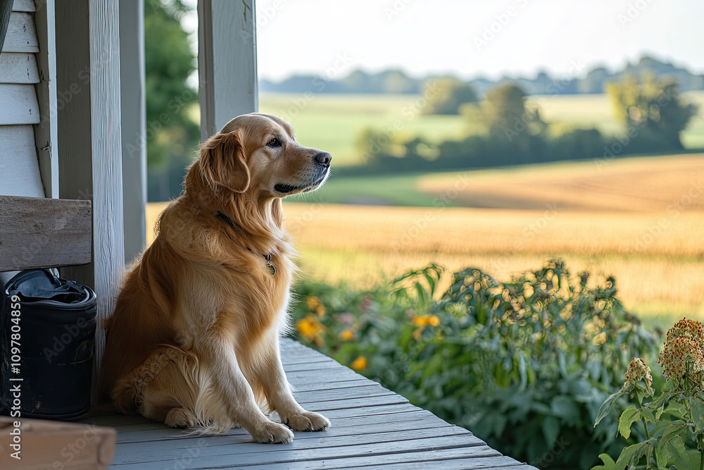 Farm dog sitting on a porch overlooking fields Farm dog sitting on a porch overlooking fields