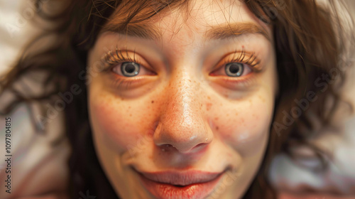 Smiling woman in bed with dilated pupils, influenced by drug. photo