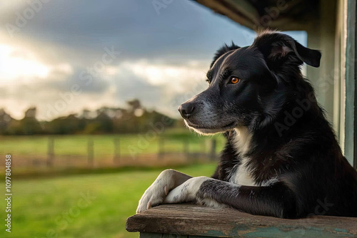 Farm dog sitting on a porch overlooking fields photo