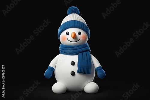 arafed snowman wearing a blue hat and scarf