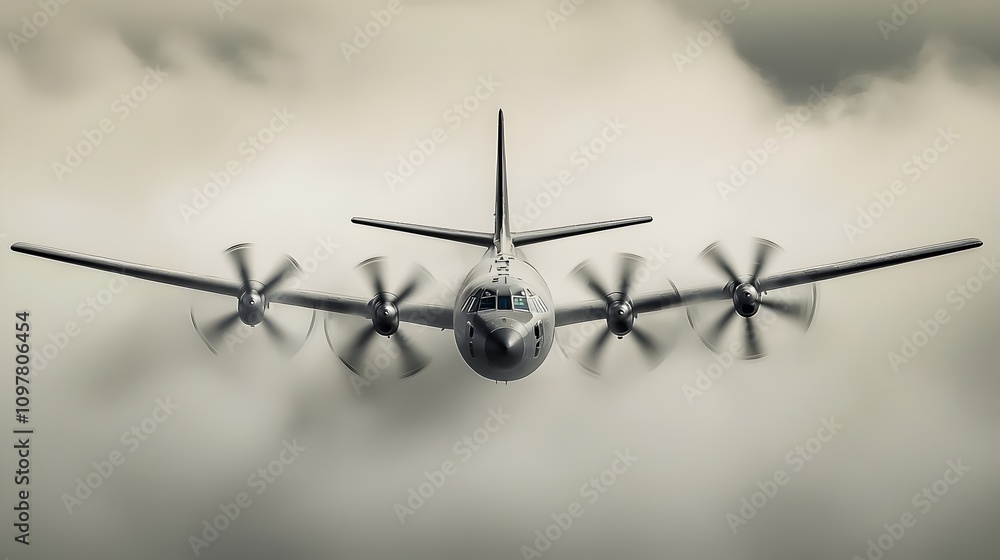 Military Propeller Aircraft in Flight Through Clouds Military Propeller Aircraft in Flight Through Clouds