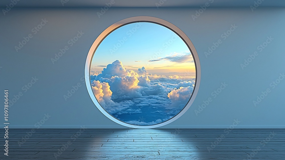 Circular Window Frames Ethereal Sunset Sky and Floating Cloud Formations Circular Window Frames Ethereal Sunset Sky and Floating Cloud Formations