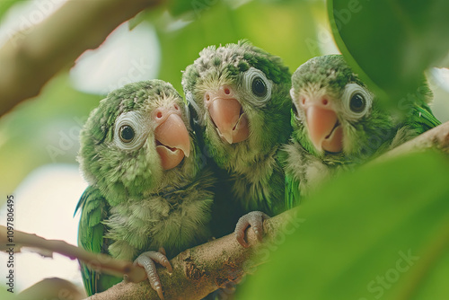 Parrot baby gang playing on the branch photo