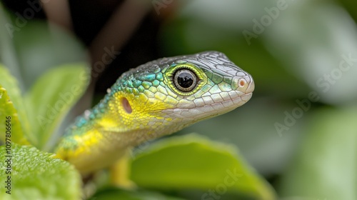 Vibrant Green Lizard Closeup  Reptile Head  Exotic Wildlife  Nature Photography  Rainfores photo