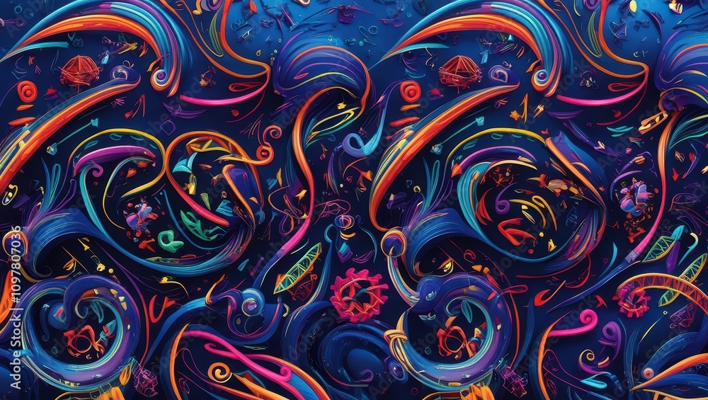 Intricate, swirling abstract design with vibrant multicolored patterns on a deep, dark background. Intricate, swirling abstract design with vibrant multicolored patterns on a deep, dark background.