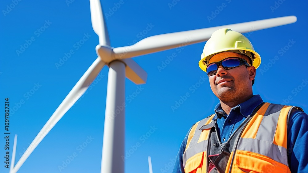 Engineer in Safety Gear Inspecting Wind Turbine Against Clear Blue Sky Engineer in Safety Gear Inspecting Wind Turbine Against Clear Blue Sky