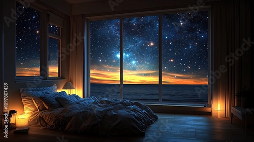 Breathtaking Starry Night Sky Visible Through Bedroom Window Overlooking Peaceful Landscape