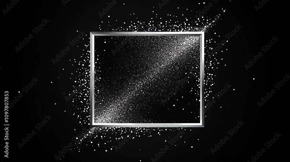 Obraz premium Silver square frame with particles on black background.