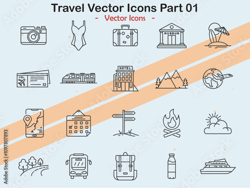Icons showcasing various travel themes and elements