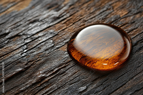 Macro image of a drop of honey on a wooden surface photo