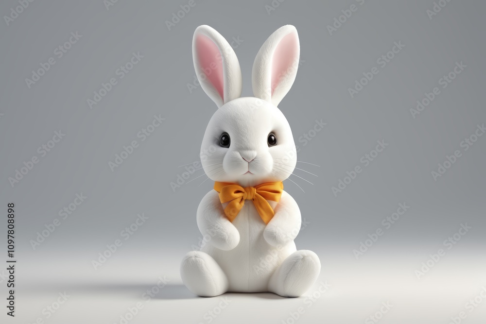 there is a white rabbit with a yellow bow sitting on a white surface