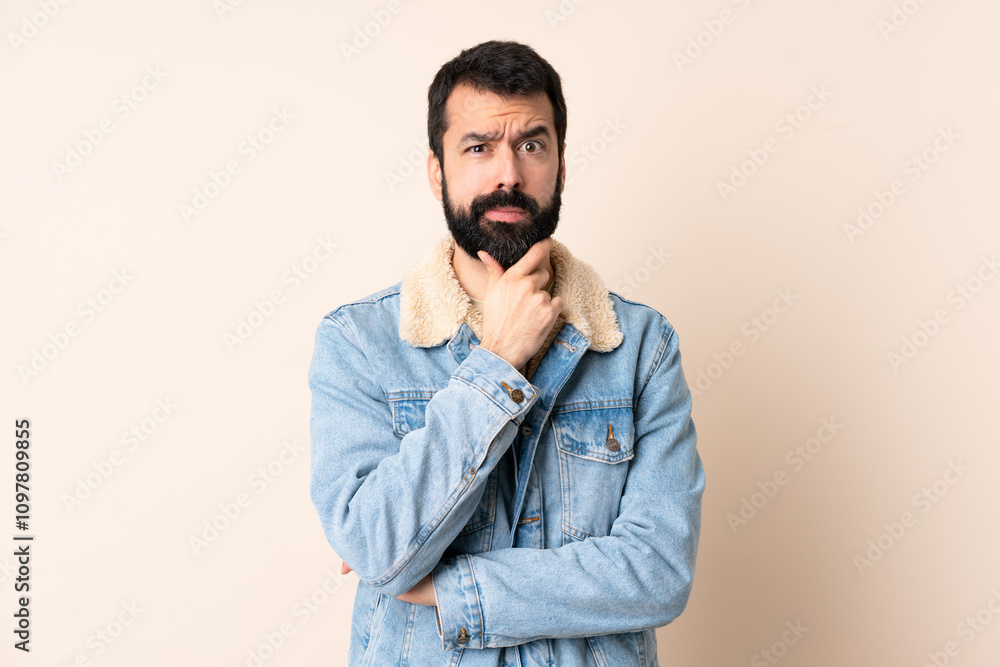 Caucasian man with beard over isolated background having doubts Caucasian man with beard over isolated background having doubts