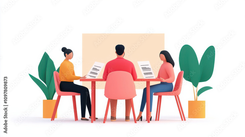 HR team reviewing resumes, collaborative hiring, 3D illustration HR team reviewing resumes, collaborative hiring, 3D illustration