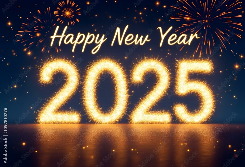Happy New Year 2025. Beautiful creative Square holiday web banner or Greeting card with Golden firework and sparkling number 2025 on night blue sky background. Happy New Year 2025. Beautiful creative Square holiday web banner or Greeting card with Golden firework and sparkling number 2025 on night blue sky background.