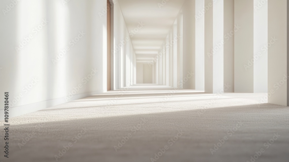 A spacious, well-lit corridor with soft lighting and minimalistic design. A spacious, well-lit corridor with soft lighting and minimalistic design.