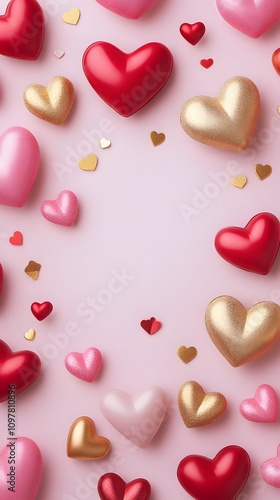A playful Valentine's theme with colorful hearts in pink, red, and gold, floating across a light pastel background, leaving an empty space in the center for product placement.